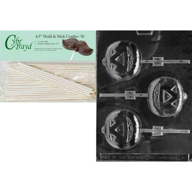 Cybrtrayd 45St50-H026 Large Jack O Lantern Lolly Halloween Chocolate Candy Mold with 50 4.5-Inch Lollipop Sticks Cybrtrayd 45St50-H026 Large Jack O Lantern Lolly Halloween Chocolate Candy Mold with 50 4.5-Inch Lollipop Sticks